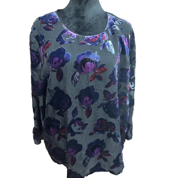 Coldwater Creek Blouse Top Black Velvet Floral whimsigoth witchy dark Romantic L - Picture 1 of 9